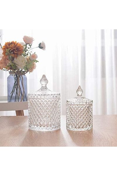 AKDC Glass Candy Jars with Lids, 14x9 cm Amber Decorative Cookie Jars for Party, Set of 2