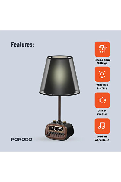 porodo مصباح مكتبي ريترو مع مكبر صوت بلوتوث ومنفذ شحن USB-A 5 فولت/2.1 أمبير - أسود