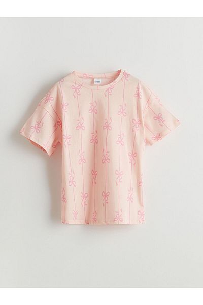LC Waikiki Lcw Kids Pink Crew Neck Bow Printed Girls Shorts Pajama Set