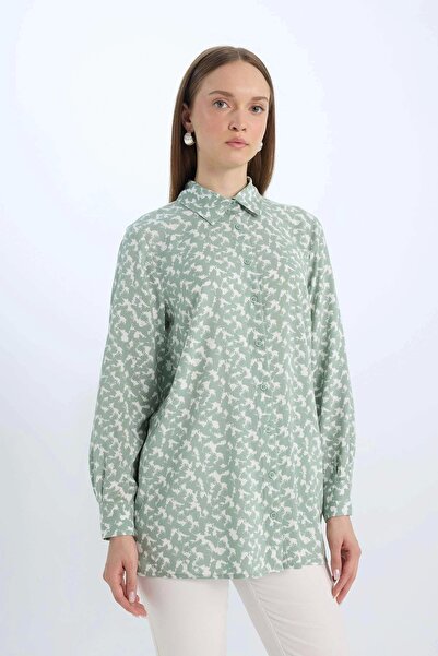 DeFacto Z5833 Yeşil Regular Fit Desenli Uzun Kollu Gömlek Tunik