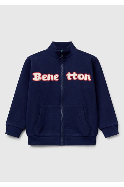 United Colors of Benetton Boy's Navy Blue Benetton Logo Embroidered Zippered Sweatshirt
