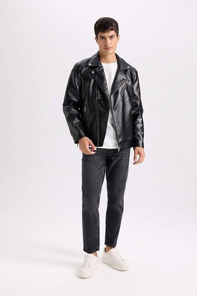 DeFacto New Season Slim Fit Slim Fit Polo Collar Lined Zippered Faux Leather Coat