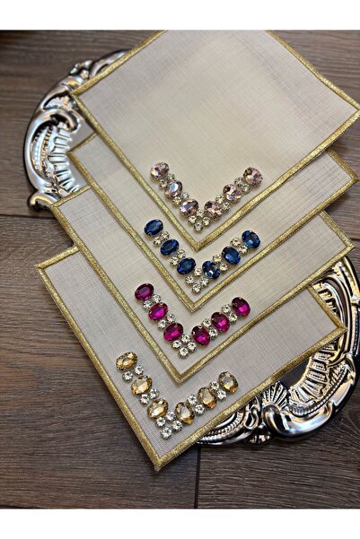 luxurydesign 4 Adet Renkli Kristal taş işlemeli Kahve Yanı Sunum Peçetesi