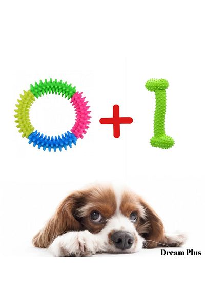Dream Plus 2-Piece Dog Play Set Serrated Bagel and Bone Shaped Teeth Cleaner Scratcher Fun Toy