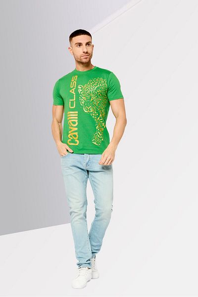 Cavalli Class Men Crew Neck Short Sleeve Graphic Print T-shirt, Green
