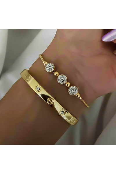 pullmarkt 2’li Bileklik Seti - Taşlı asansörlü bileklik + kelepçe bileklik