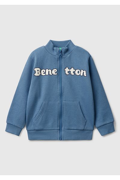 United Colors of Benetton Hanorac cu fermoar brodat cu logo-ul Benetton Aviator Blue pentru băiat