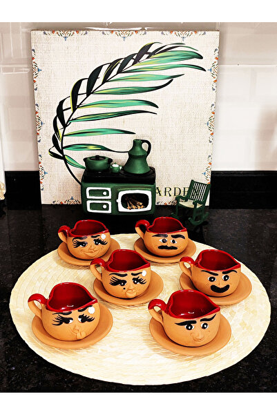 HerşeyTopraktan Toprak El Yapımı Emoji Ifadeli Kahve Fincan Takımı Kırmızı Ka...