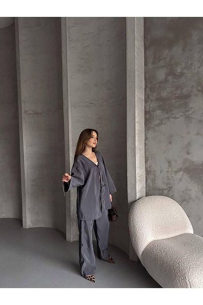 Ekim Store Set de pantaloni cămașă modal cu cravată