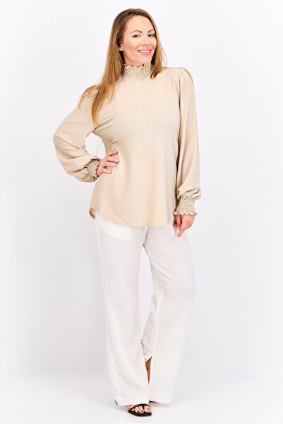 Love Scarlett Women Ruffle Neck Long Sleeves Metallic Blouse, Gold