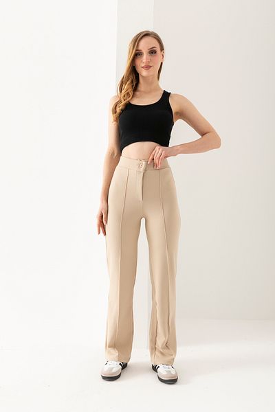 LEBRA Women's Beige High Waist Ribbed Stitched Lycra Knitted Trousers