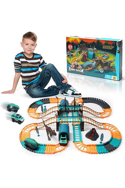 COOYA 137 Pcs Dinosaur Race Track Car Toy Set, Boost lmagination, dinosaur toys for 3+ year old kids