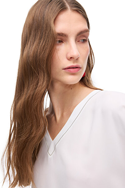 Perspective White Amethyst Comfortable Fit V-Neck Low Sleeve Blouse