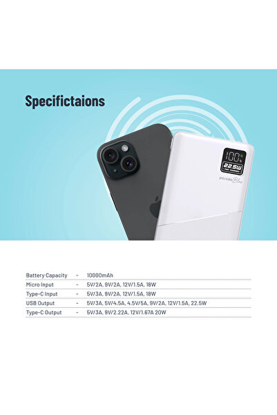 porodo Blue 10000Mah  Powerbank Type-C Usb A And Micro With Digital Display- White