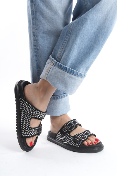 Limeo Piele de căprioară acoperită cu piatră Cataramă metalică dublă Talpă confortabilă ortopedică Sandale de vară pentru femei