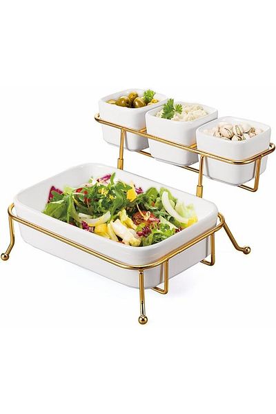 ORCHID 4-Piece Serving Bowl Set with Gold Stand – Ceramic Snack & Fruit Platter with Metal Rack