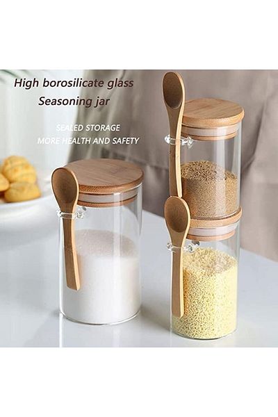 COOYA Glass Jar Containers,with Bamboo Airtight Lid & Spoon, Stackable Food Canisters,for Candy Spice,4pcs