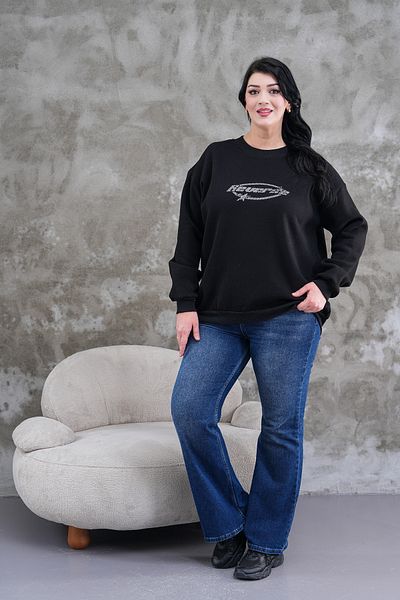 JANSO GROUP - Women's Plus Size Black Color Stone Printed Sweatshirt