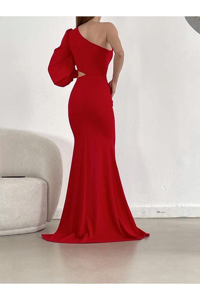 MADAMNİZ Red Waist Detail Slit Evening Dress