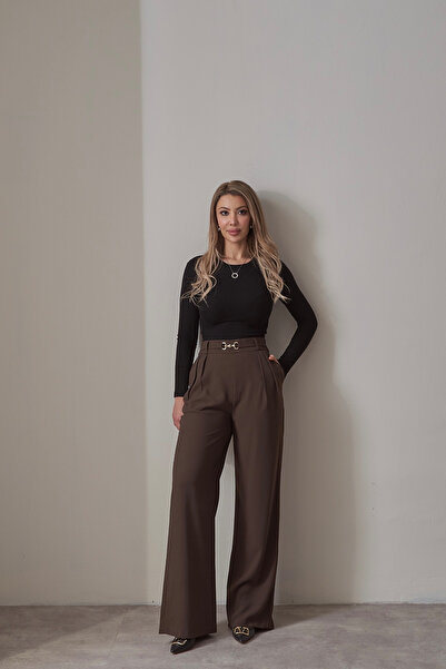 Rabia Çelik بنطلون بالازو نسائي بحزام خصر مطاطي بإبزيم ذهبي بني مرير