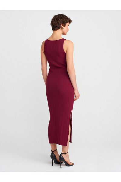 Dilvin 90247 Boat Neck Ribbed Slit Knitwear Dress-Claret Red