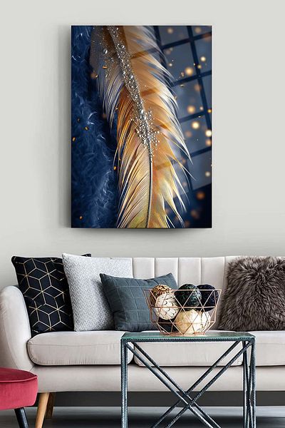 glassartdesign Pictură decorativă din sticlă cu pene de aur Pictură modernă pentru salon Cadou de birou