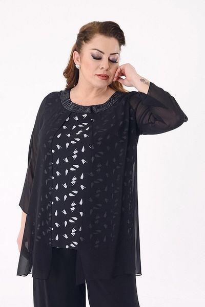 LİLAS XXL Large Size Black Color Patterned Chiffon Evening Dress Blouse