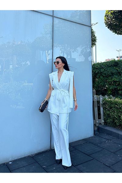 Ekim Store Set de pantaloni cu vestă și blazer cu curea dublă