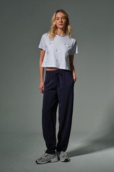 Domoda Navy Blue High Waist, Non-Stick, Drape Soft Lace-Up Elastic Carrot Women's Cupro Pants # Tavira