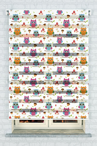 akel collection Çocuk Odası Sevimli Baykuşlar Desenli Baskılı Zebra Stor Perde