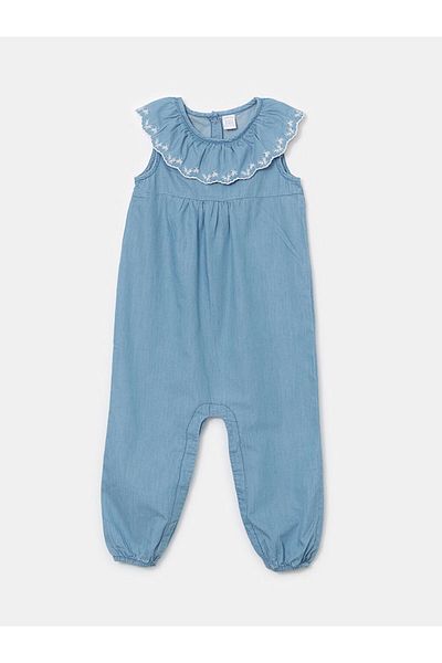 LC Waikiki Lcw Baby Blue Embroidered Baby Girl Jean Jumpsuit