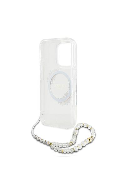 CG Mobile Guess Magsafe Iml Hard Case With Flower Wreath Design & Pearl Strap For iPhone 16