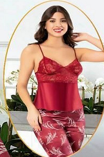 Xses 2150 Women's Satin Printed Dressing Gown Pajama Suit-Claret Red
