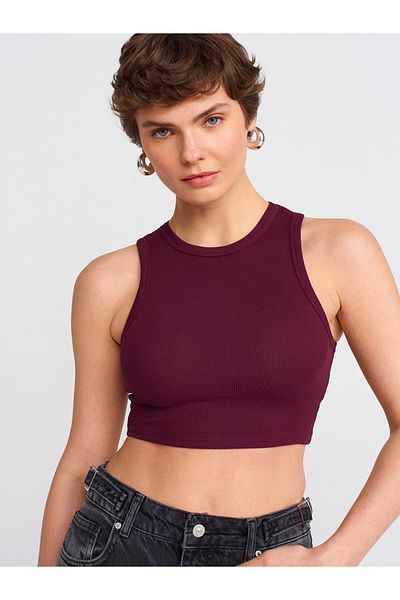 Dilvin 20820 Stitching Effect Crop Top-Claret Red