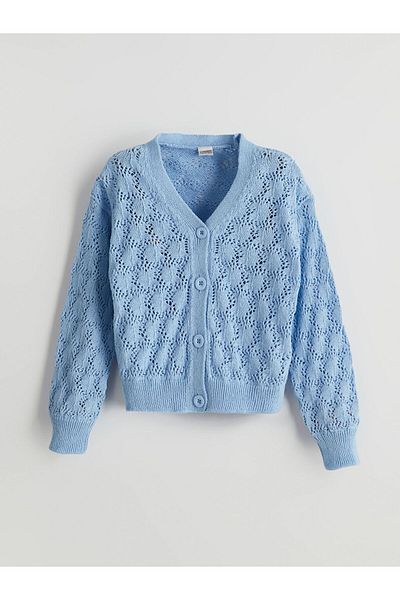 LC Waikiki Cardigan pentru fete LCW Kids albastru cu decolteu în V ajurat