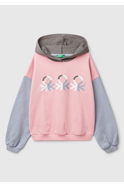 United Colors of Benetton Girl's Pink Mix Benetton Logo Printed Hooded Sweatshirt