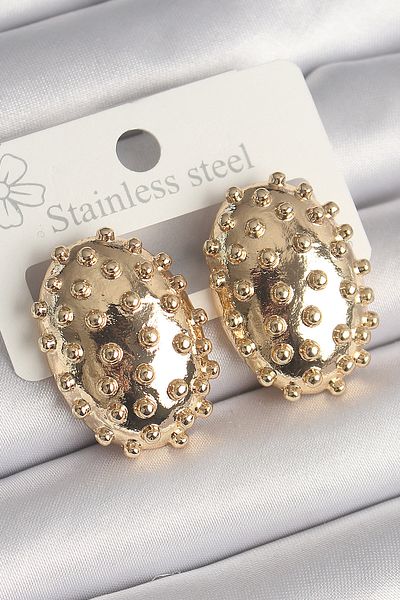 E BULURUM Brass Gold Color Engraved Detailed Oval Curved Plate Model Women's Earrings
