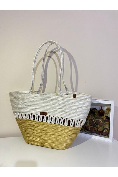 MS Glassware Straw Look Jute Beach Bag, Arm Bag, Hand Bag