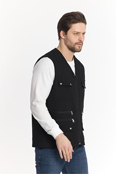 KALENDMARK ERKEK SİYAH YAZLIK PAMUK KETEN KUMAŞ ÇOK CEPLİ AVCI YELEK RAHAT KALIP