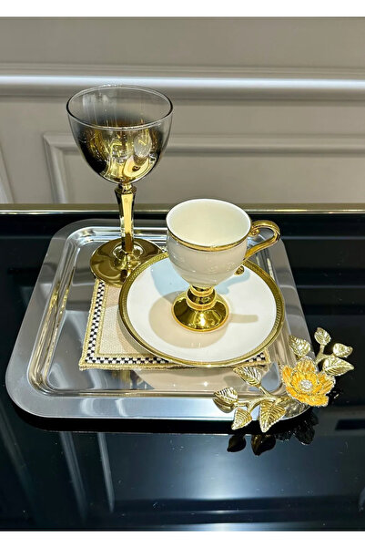 Vakıf home Tek Kişilik Metal Gümüş Gold Kahve Çay Sunum Tepsi 6 Adet