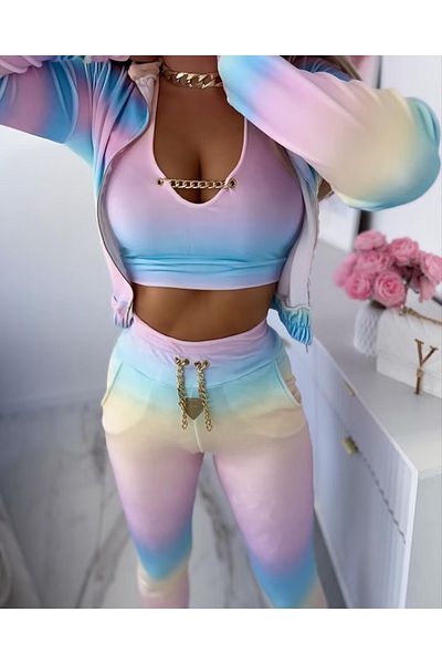JANES Women's Long Sleeve Strappy Round Neck Crop Blouse, Long Sleeve Front Zipper Jacket and Pants