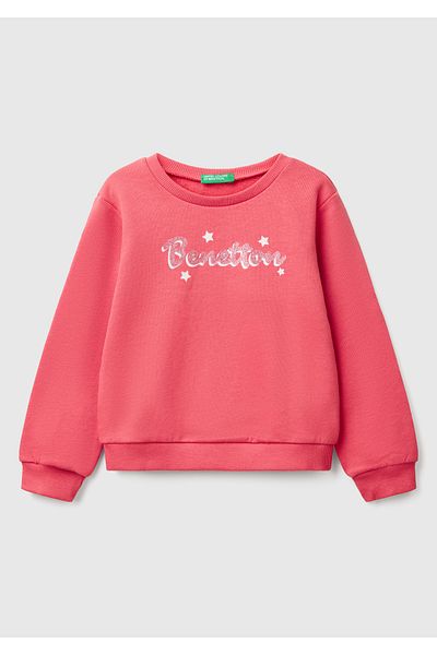 United Colors of Benetton Hanorac pentru fetiță, fucsia, cu sclipici, cu sigla Benetton, cu decolteu