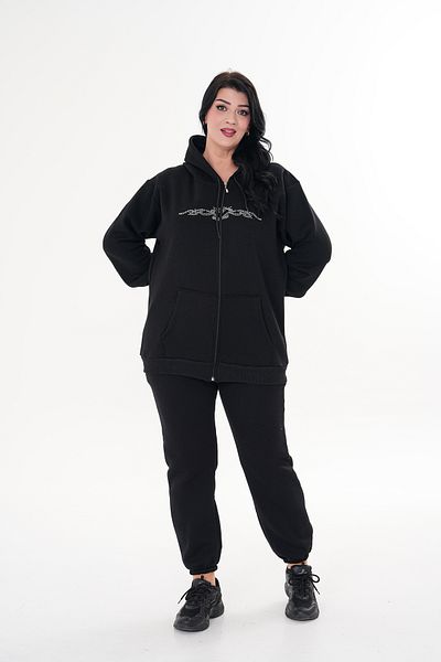 JANSO GROUP - Women's Plus Size Black Color Stone Printed Sweatshirt Set Top and Bottom