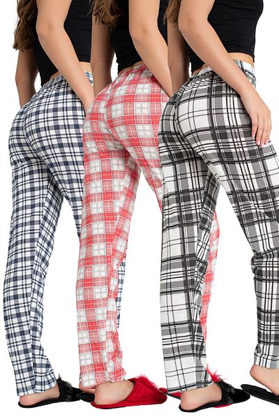 DONEX Cotton 3-Piece Fabric Ribbon Waist Detail Printed Pocketless Women's Pajamas