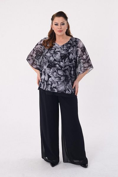 LİLAS XXL Large Size Gray Floral Chiffon Evening Dress Blouse