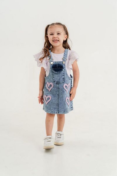 PAMPAL ÇOCUK Girl's Short Sleeve T-Shirt, Heart Jeans Slopet Dress