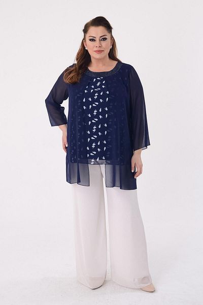 LİLAS XXL Plus Size Navy Colorful Patterned Chiffon Evening Dress Blouse