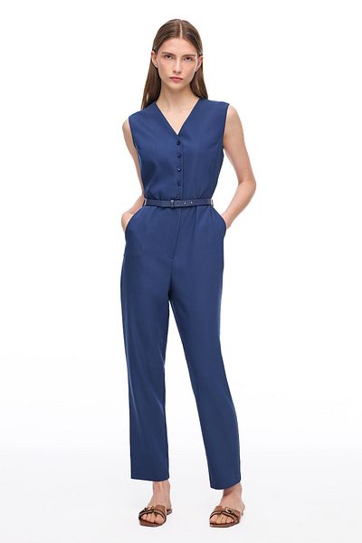 Perspective Navy Blue Dellas Slim Fit V-Neck Long Jumpsuit