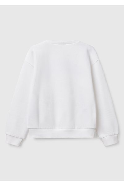 United Colors of Benetton Бял блестящ суитшърт с лого на Benetton и кръгло деколте за момиче