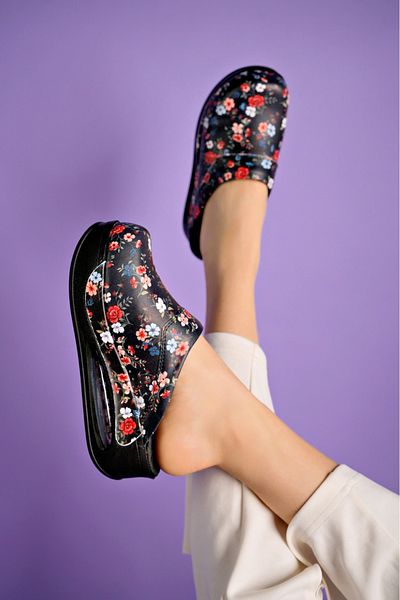 SABOTERLİK Flower Patterned Air Sole Wedge Heels Orthopedic Hospital Nurse Women's Slippers